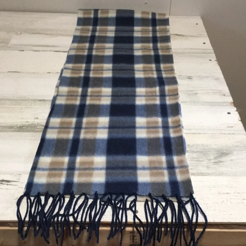 Royal Rossi blue tan cream white plaid 10”x62” cashmere scarf with fringe